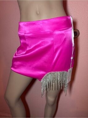 Hot Pink Satin Rhinestone Fringe Mini Skirt Festival/Rave/Party